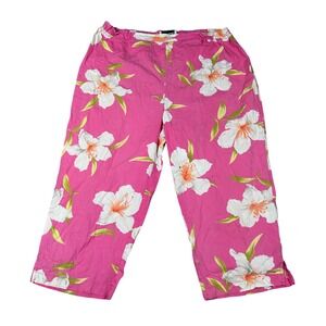Vintage Eccobay Floral Crop Pants Womens Large Pink White Tropical Summer Casual